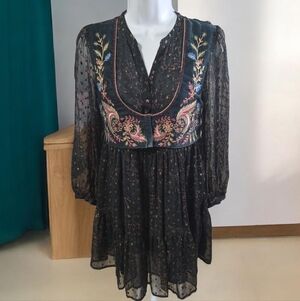 ZARA•Boho Floral Multi-color Embroidered Sheer Printed Vested Dress Girls 11/12